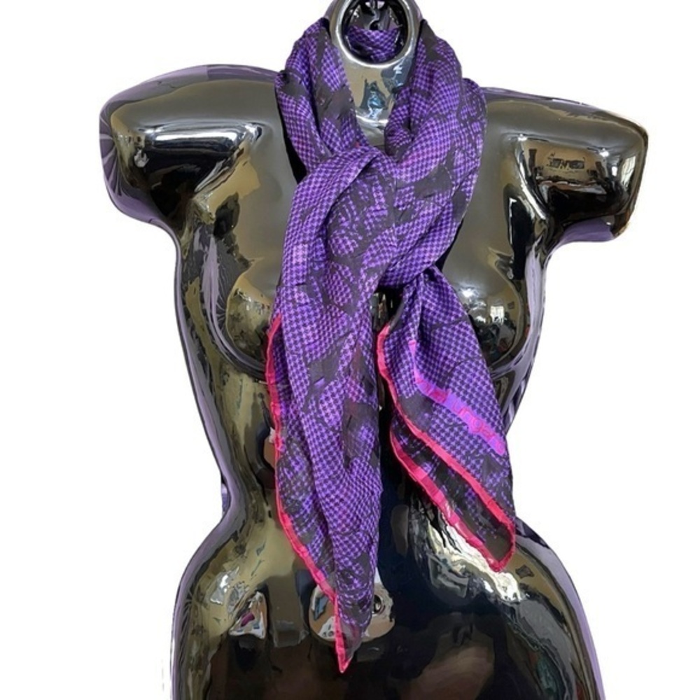 Vintage Emanuel Ungaro Purple Houndstooth Silk Chiffon Burnout Square Scarf